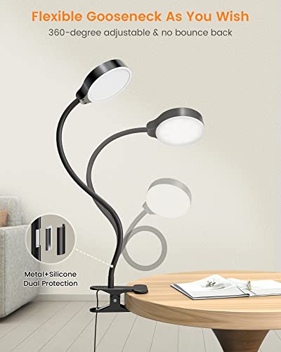 Glocusent 5W Clip on Light, 36 LED Eye Caring Reading Light for Bed, 3 Colors & 5 Brightness Clip on Lamp with Adapter, Perfect Desk Lamp with Clamp/Bunk Bed/Headboard/Table