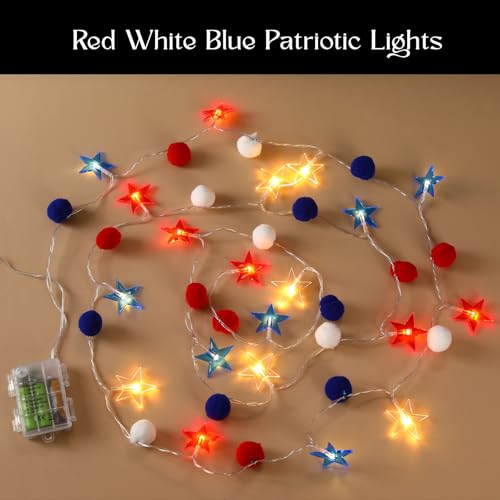4th of July Decorations 9.5FT Red White Blue Pompom String Lights Battery Operated 8 Lighting Modes & Timer 20 LED Patriotic Fairy Lights for Independence Day, Memorial Day, Presidents Day, Bedroom