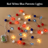 4th of July Decorations 9.5FT Red White Blue Pompom String Lights Battery Operated 8 Lighting Modes & Timer 20 LED Patriotic Fairy Lights for Independence Day, Memorial Day, Presidents Day, Bedroom