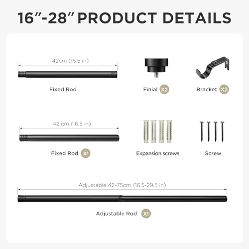 Joydeco Curtain Rods for Windows, Adjustable Black Curtain Rods 16 to 120 inches, 1 inch Diameter Heavy Duty Decorative Window Single Rod Set with Aluminium Finials