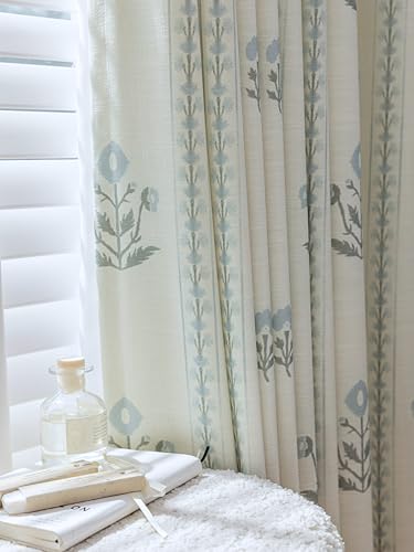 DrapePalette - Linen Blend Pinch Pleated Curtains 96 Inches Long for Living Room, Bedroom, Dining Room, Light Filtering Curtains 2 Panels Set, Modern Floral Printed Design, Antique White 30" W x 96" L