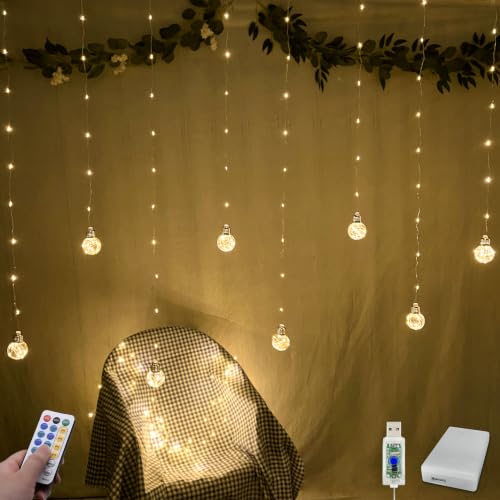 YOLIGHT Wishing Ball Curtain Lights 200 LED Window Curtain String Lights with Remote, USB Battery Powered Twinkle Globe Fairy Lights for Wedding Party Bedroom Christmas Decoration (Warm White)