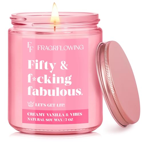 50th Birthday Candle Gifts for Women - Fifty & Fabulous! Creamy Vanilla & Natural Soy Wax Candle, Pink Jar Funny Gifts for Daughter, Sister, Best Friend or Wife Birthday Decorations