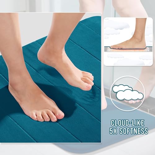 Yimobra Memory Foam Bath Mat, Super Soft Absorbent Bathroom Rug Non Slip, Quick Dry, Machine Washable Floor Carpet for Tub Shower, Home Decor Accessories, 24x17, Peacock Blue