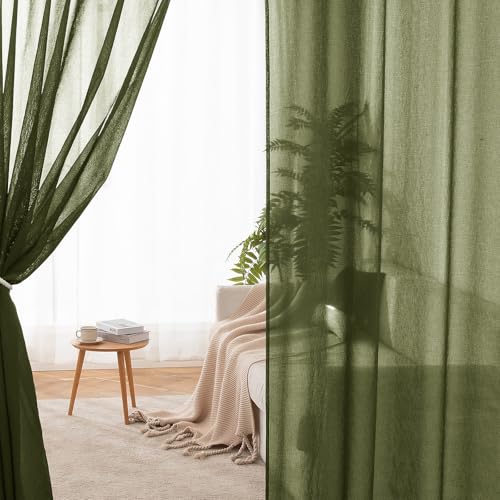 MIULEE 2 Panels Olive Green Semi Sheer Window Curtains Elegant Grommet Top Window Voile Drapes/Treatment Linen Textured Dark Green Panels for Bedroom Living Room (54X84 Inches)