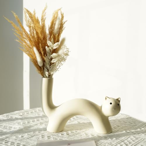 Natural Pampas Grass Dry Flower Bouquet with Boho Decorative Cute Cat Shaped Ceramic Vase for Living Room Bookshelf Dining, Modern European Minimalist Decor, Brown Pampas Bouquet and White Vase