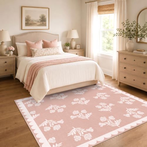 Pink Square Rugs 5ft - Soft Washable Boho Floral Girls Bedroom Rug