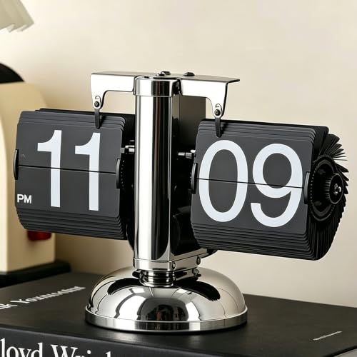Retro Digital Flip Down Clock Gear Mechanism, Desk Clock Flipping Down Black Fashion for Office, Bedroom, Kitchen, School, Hotel, and Café Décor, AM PM