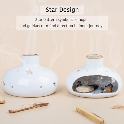 ZenBless 3 in 1 Incense Holder for Palo Santo Sticks Sage Incense, Handcrafted Ceramic Incense Burner Holder Ash Catcher with Chimney, Smudge Bowl for Yoga Meditation Room Home Decor