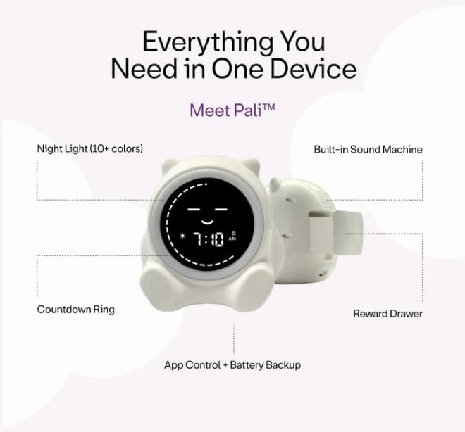 LIVEVIE Pali Kids Sleep Training Clock with Visual Countdown Ring, Reward Drawer, Night Light, Sound Machine, App Control, Custom Routines, Battery Backup, OK to Wake Toddler Alarm