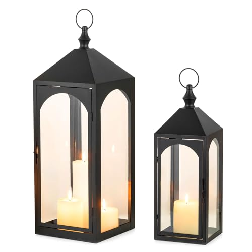 Large Outdoor Lanterns for Porch: 23" & 17" Set of 2 Floor Lantern Decorative Indoor with Glass Candle Holder for Fireplace Patio Modern Home Decor