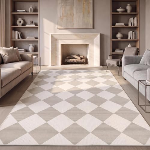 GarveeHome Beige Area Rugs 8x10 Living Room Checkered Washable