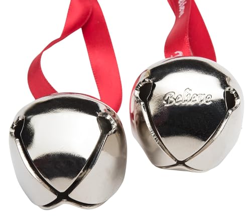 Bevin Bells Believe Sleigh Bells Ornament (3-Pack) | 1.5" Made of Steel | Hanging Bells with a Red Satin Believe Ribbon & Red Velvet Bag | Great Tone | Xmas Gift or Stocking Stuffer | Made in USA