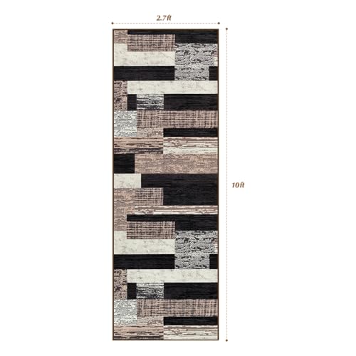 Indoor Washable Runner Rug with Rubber Backing, Modern Geometric Patchwork