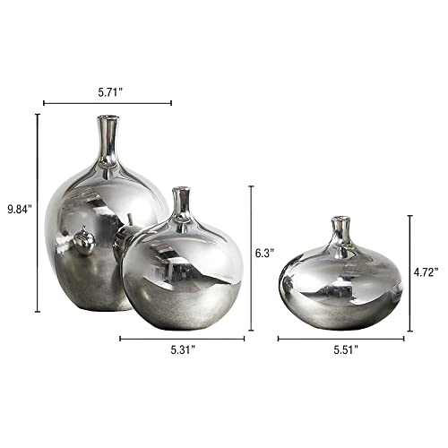 Madison Park Signature Ansen Ceramic Handmade Vase Set Home Décor - Metallic Accent Living Room Decoration Ideal for Shelf, Side Table, Mantle Ornaments, Multi Size, Silver 3 Piece