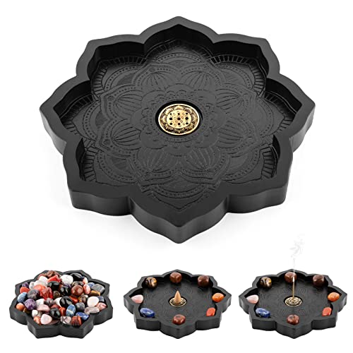 Mooncraftlogy Lotus Crystal Tray, Wooden Incense Burner for Stick/Cone, Gemstone Display Holder, Organizer for Rocks, Essential Oil, and Jewelry