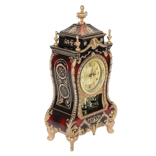 Plastic Table Clock Antique Home Decorative Desk Alarm Clock, Vintage Desk Clock, 12 Melodies for Reporting Time, for Living Room, Bedroom, Study, Office, Studio and Markets (White) (Brownish Red)