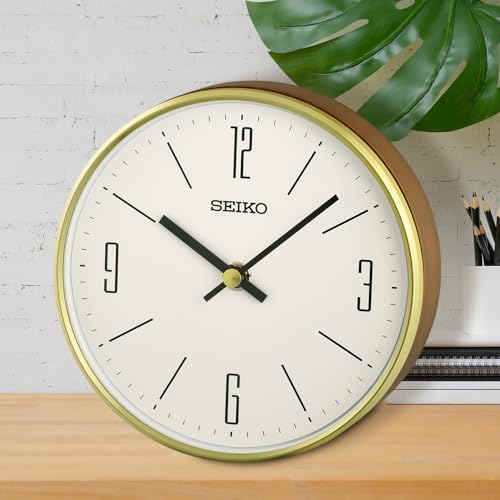 SEIKO QXG158GLH Round Wood Case Desk/Table Clock, Gold, 6 x 6 Inches