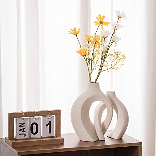 Levvohd Hollow Ceramic Vase Set of 2, Modern Nordic Minimalist Book Style Boho Aesthetic Vases for Home Decor Living Room Shelf Entryway Coffee Centerpiece Table Decorative (Cream White)