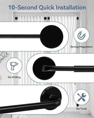 4 Pack Magnetic Curtain Rod for Metal Doors, French Door Curtain Rods Adjustable from 17 to 30 Inch, 3/8 Inch Diameter, Magnetic Cafe Curtains Rod, No Tool and Easy Installation, Black
