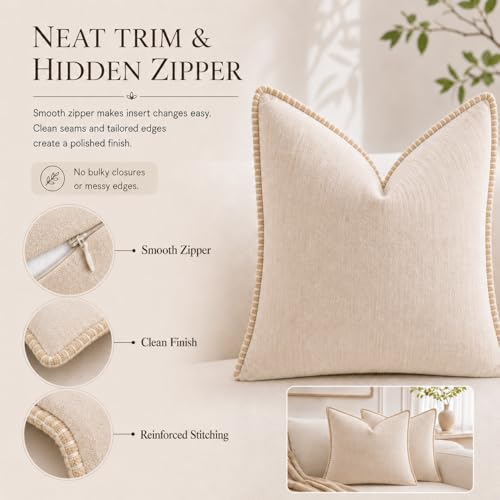 Decorative Throw Pillow Covers 18x18Inch, Pack of 2 Beige Chenille Soft Pillow Covers with Stitched Edge,Farmhouse Neutral Euro Decorative Pillows for Bed Couch Sofa Home Decor Living Room
