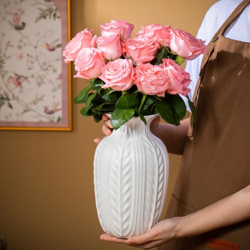 Lvases 10in Wheat Textured White Ceramic Flowers Vase Modern Home Decor | Unique Large Flower Vase, Rustic Decor for Living Room, Entryway Shelf Centerpiece & Office Floral Display ( Matte White )