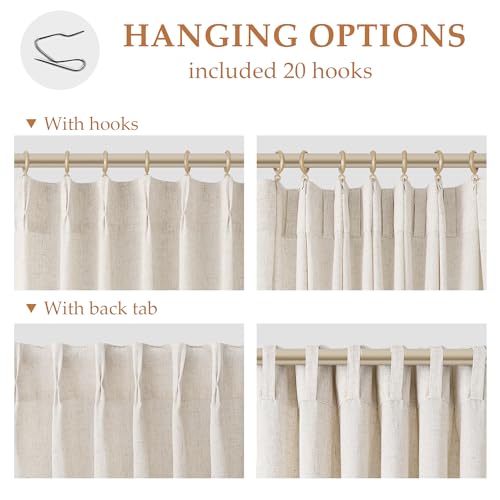 Aersas Linen Pinch Pleated Curtains 84 Inch Length 2 Panels Set for Living Room Cream Semi Sheer Window Curtain for Bedroom Boho Farmhouse Neutral Back Tab Drape Decor with Hooks, Natural Beige Ivory