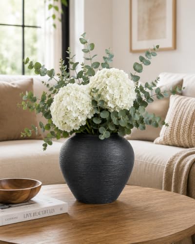 Black Ceramic Vase 7" H Round Rustic Flower Vase for Home Decor | Rustic Vase 3.9" Opening 8.7" W x 7" H Farmhouse Dining Table Centerpiece Shelf, Mantels, Kitchen, Entryway Living Room Decor