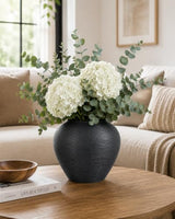 Black Ceramic Vase 7" H Round Rustic Flower Vase for Home Decor | Rustic Vase 3.9" Opening 8.7" W x 7" H Farmhouse Dining Table Centerpiece Shelf, Mantels, Kitchen, Entryway Living Room Decor