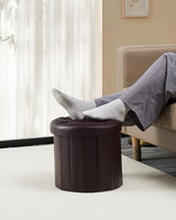 Bsketa Round Storage Ottoman, 14" Folding Leather Foot Rest Stool,Brown