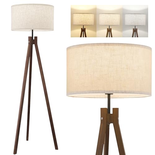 Wood Tripod Floor Lamp, Mid Century Reading Standing Lamp with 3 Color Temperatures & Linen Shade, Modern Night Light for Bedroom, Farmhouse, Living Room, Office, 9W LED Bulb Included, Brown