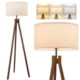 Wood Tripod Floor Lamp, Mid Century Reading Standing Lamp with 3 Color Temperatures & Linen Shade, Modern Night Light for Bedroom, Farmhouse, Living Room, Office, 9W LED Bulb Included, Brown