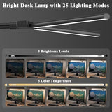 LED Desk Lamp for Home Office, 24W Bright Desk Lamp with Phone Holder Base - 25 Lighting Modes Eye-Caring Desk Light Adjustable Gooseneck Lamp for Workbench Drafting Reading Study