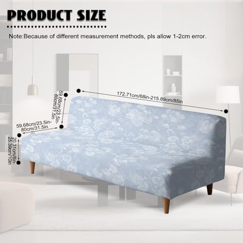 Armless Sofa Cover Stay in Place Futon Cover with Elastic Bottom Stain-Resistant Non-Slip Sofa Bed Slipcover Spandex Elastic Furniture Protector, Light Blue Floral Pattern