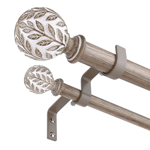 Double Curtain Rod 36-76 Inch, Boho Wood Decorative Dual Curtain Rods for Windows, 1" Adjustable Heavy Duty Double Rod, Unique Handmade Imitation Weathered Wood Grain Leaf Finials Design