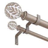 Double Curtain Rod 36-76 Inch, Boho Wood Decorative Dual Curtain Rods for Windows, 1" Adjustable Heavy Duty Double Rod, Unique Handmade Imitation Weathered Wood Grain Leaf Finials Design