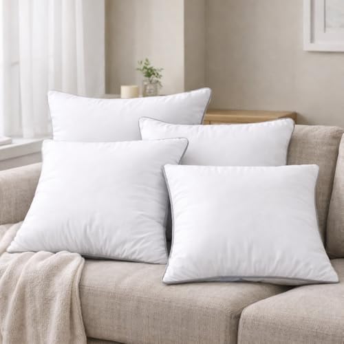 18x18 Throw Pillow Inserts Set of 4, 500g Extra Filled Decorative Pillow Inserts with Grey Piped Edge, Soft Fluffy Supportive Couch Sofa Bed Pillow Forms, Hypoallergenic Polyester Fiber, White