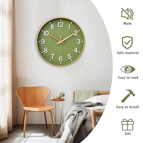 HZDHCLH Wall Clocks Battery Operated,Wall Clock Green Gold,8 inch Wall Clock Silent Non Ticking Modern 3D Numbers for Kitchen Bedroom Living Room Office Classroom Decor