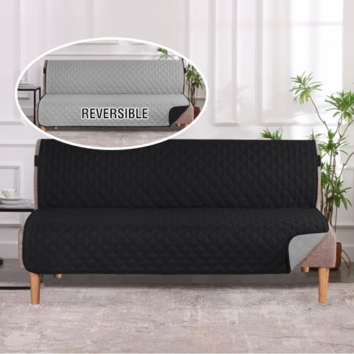 H.VERSAILTEX Reversible Futon Cover Water Repellent Armless Sofa Slipcover Washable Furniture Protector with Adjustable Elastic Strap Anti-Slip Futon Bed Cover for Dogs 70" Width Seat(Black/Grey)