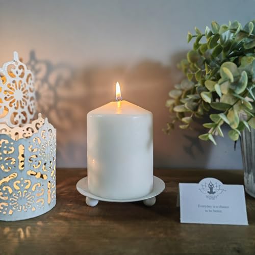 Hosley Set of 2 Whitewashed Iron Pillar Candle Holder Plates – 4-Inch Decorative Round Trays for Pillar Candles – Ideal for Weddings, Special Occasions, Home Décor, and Pedestal Displays