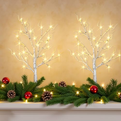 HipTree 2-Pack Lighted Patriotic Christmas Fall Halloween Tree Decorations Indoor, 2ft Birch Tree with LED Lights, Small Tabletop Easter Valentines Day Mothers Day Tree with Lights,Battery- Powered