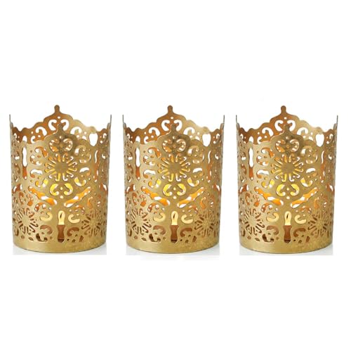 Hosley Set of 3 Gold Diamond Cut Candle Holders 4 Inches High Elevate Your Space with Elegant Metal Candle Holders in a Value Pack