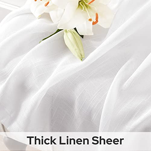 HOMEIDEAS White Linen Sheer Curtains, Linen Textured Semi Sheer Curtains 84 Inches Long, Farmhouse Light Filtering Window Drapes for Bedroom Living Room, 2 Panels, W52 x L84