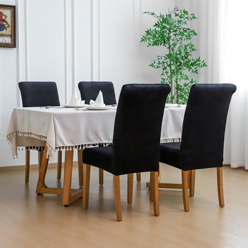 FORCHEER Velvet Dining Room Chair Covers Set of 6 Black Stretch Kitchen Chair Slipcovers Washable Removable