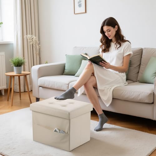 Bsketa Storage Ottoman Bench, 16" Folding Leather Foot Rest, Beige 2 Pack