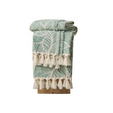 DOWN HOME Chenille Cotton Throw Blanket for Couch, Lightweight Boho Blanket for Bed Sofa Chair Living Room Outdoor Soft Woven Decorative Blanket with Tassel Gift Green Leaves 55"x60"