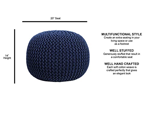 FRELISH DECOR Round Pouf Ottoman Hand Knitted 100% Cotton Pouf Foot Stool - Knitted Bean Bag - Floor Chair for Living Room Bedroom - Foot Rest for Couch (20 Diameter x 14 Height) - Navy