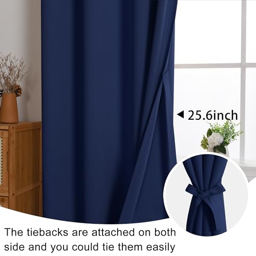 JIUZHEN Blackout Curtains with Tiebacks - Thermal Insulated, Light Blocking and Noise Reducing Grommet Curtain Drapes for Bedroom and Living Room, Set of 2 Panels, 42 x 63 Inch Length, Navy Blue