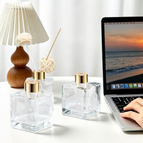 Squre Glass Diffuser Bottles with Gold Caps, Set of 4-3.7" High,200ml 6.7 fl oz. Fragrance Accessories Use for DIY Replacement Reed Diffuser Sets