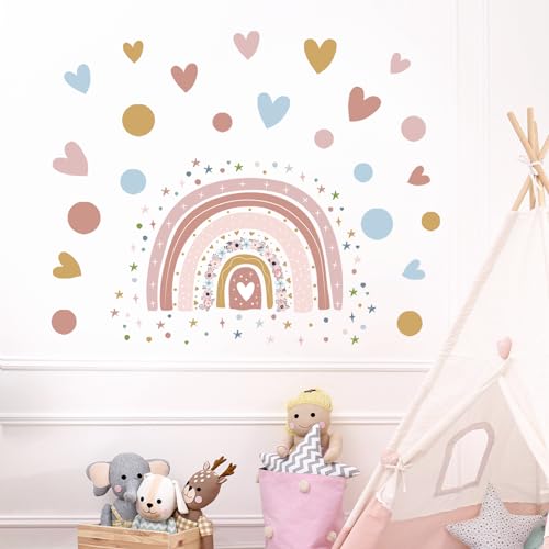 Supzone Rainbow Flower Wall Stickers - Boho Rainbow Wall Decal with Colorful Dots, Hearts, Stars for Girls Baby Nursery Bedroom Playroom DIY Vinyl Mural Art